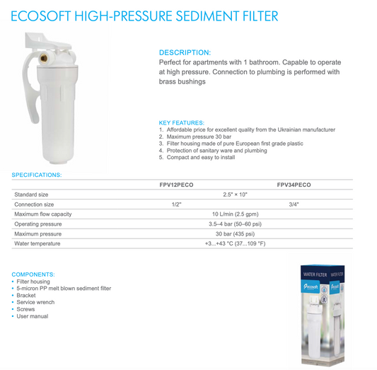 High Pressure Sediment Filter with Housing, 3/4” - ZYV WATER